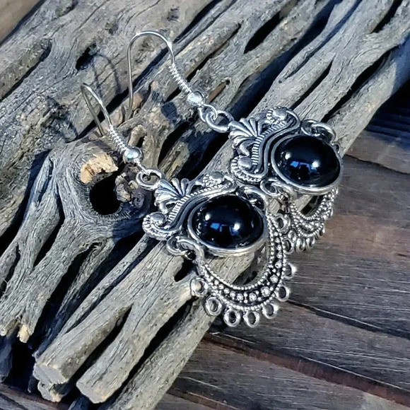 Handcrafted Antique Silver Plated Black Porcelain Stone Dangle Earrings - Picture 3 of 8